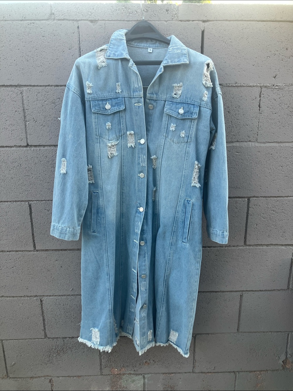 Distressed Light Blue Longline Denim Jacket